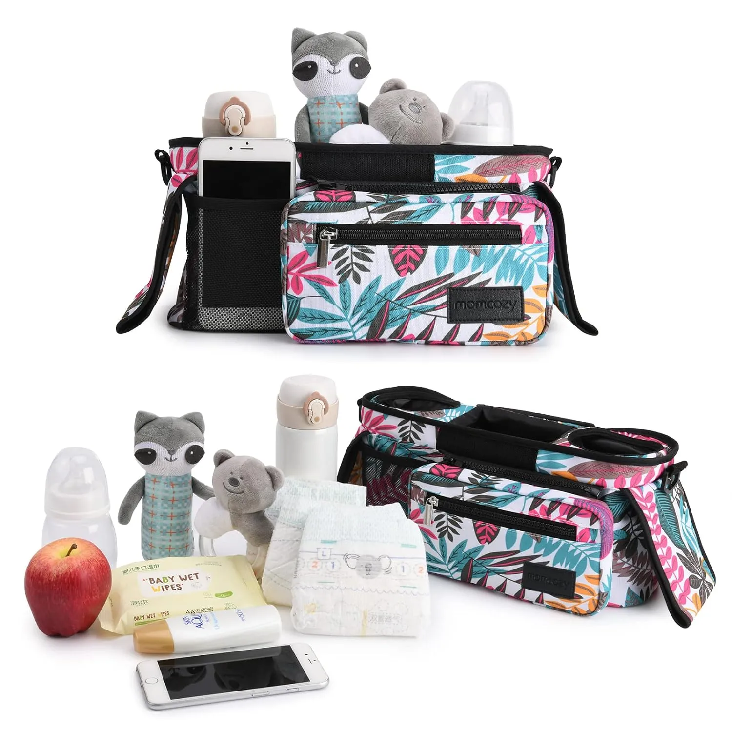Momcozy Universal Stroller Organizer, 2 Insulated Cup Holders, Removable Zip Pocket, Adjustable Straps, Large Capacity Baby Essentials Compact Design, Fits Any Stroller (Multicolor)