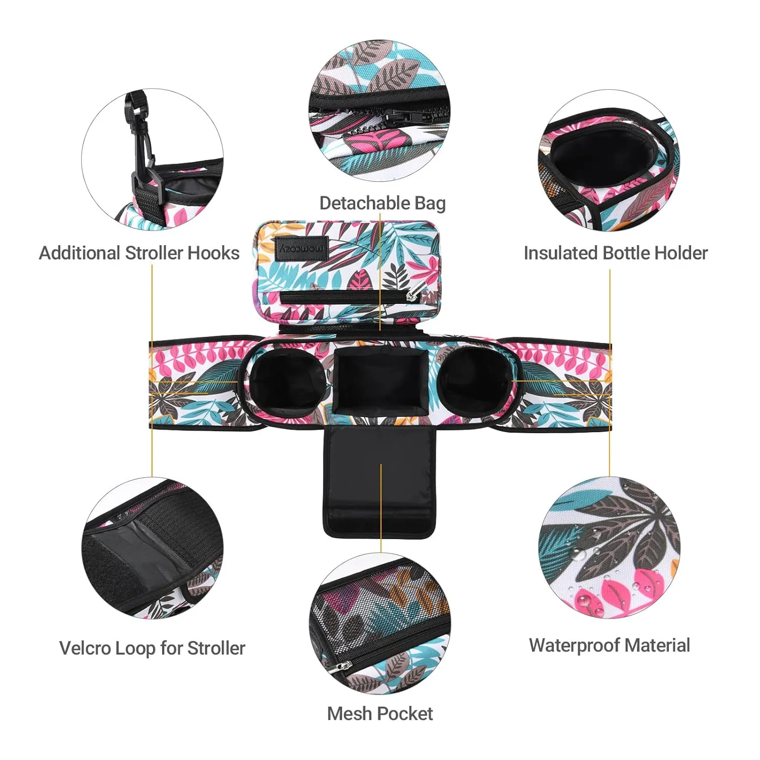 Momcozy Universal Stroller Organizer, 2 Insulated Cup Holders, Removable Zip Pocket, Adjustable Straps, Large Capacity Baby Essentials Compact Design, Fits Any Stroller (Multicolor)