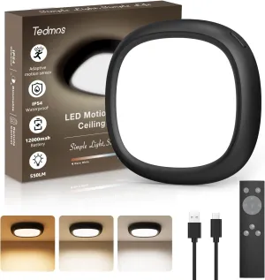 Motion Sensor Rechargeable Ceiling Light with Remote, IP54 Waterproof 12000mAh Wireless Shower Light, Battery Operated Closet Light Sensored Indoor LED Overhead Lighting No Wiring for Hallway Garage