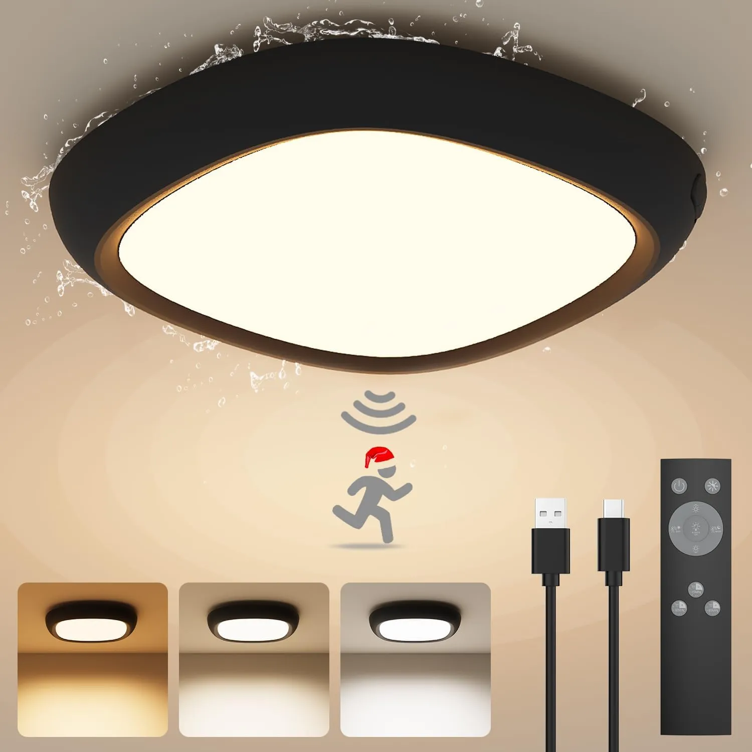 Motion Sensor Rechargeable Ceiling Light with Remote, IP54 Waterproof 12000mAh Wireless Shower Light, Battery Operated Closet Light Sensored Indoor LED Overhead Lighting No Wiring for Hallway Garage