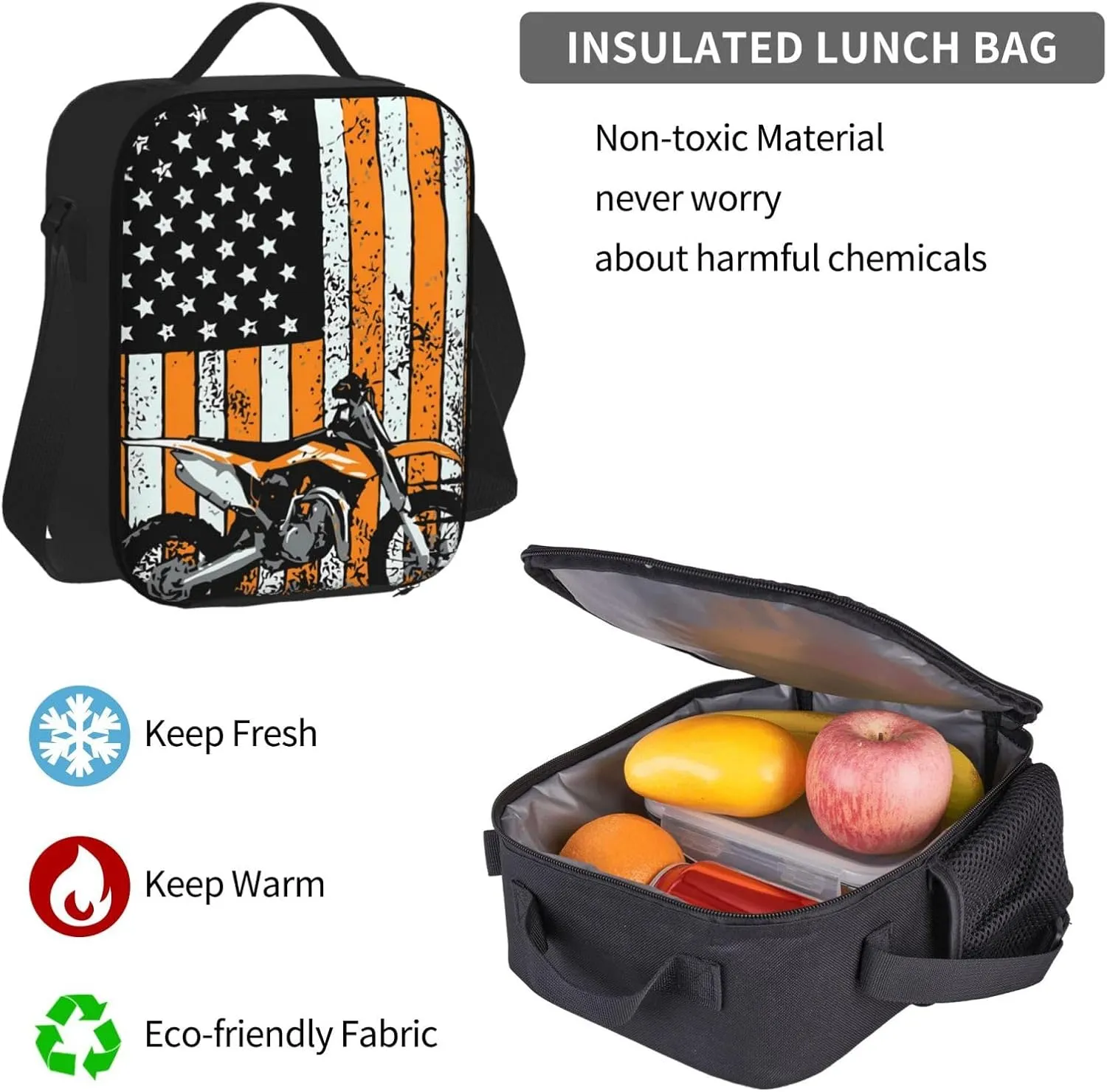 Motocross Dirt bike Motocycle American Flag Multifunctional Pocket Backpack Crossbody Lunch Bag Pencil Case 3Pcs Set Large Capacity Backpack