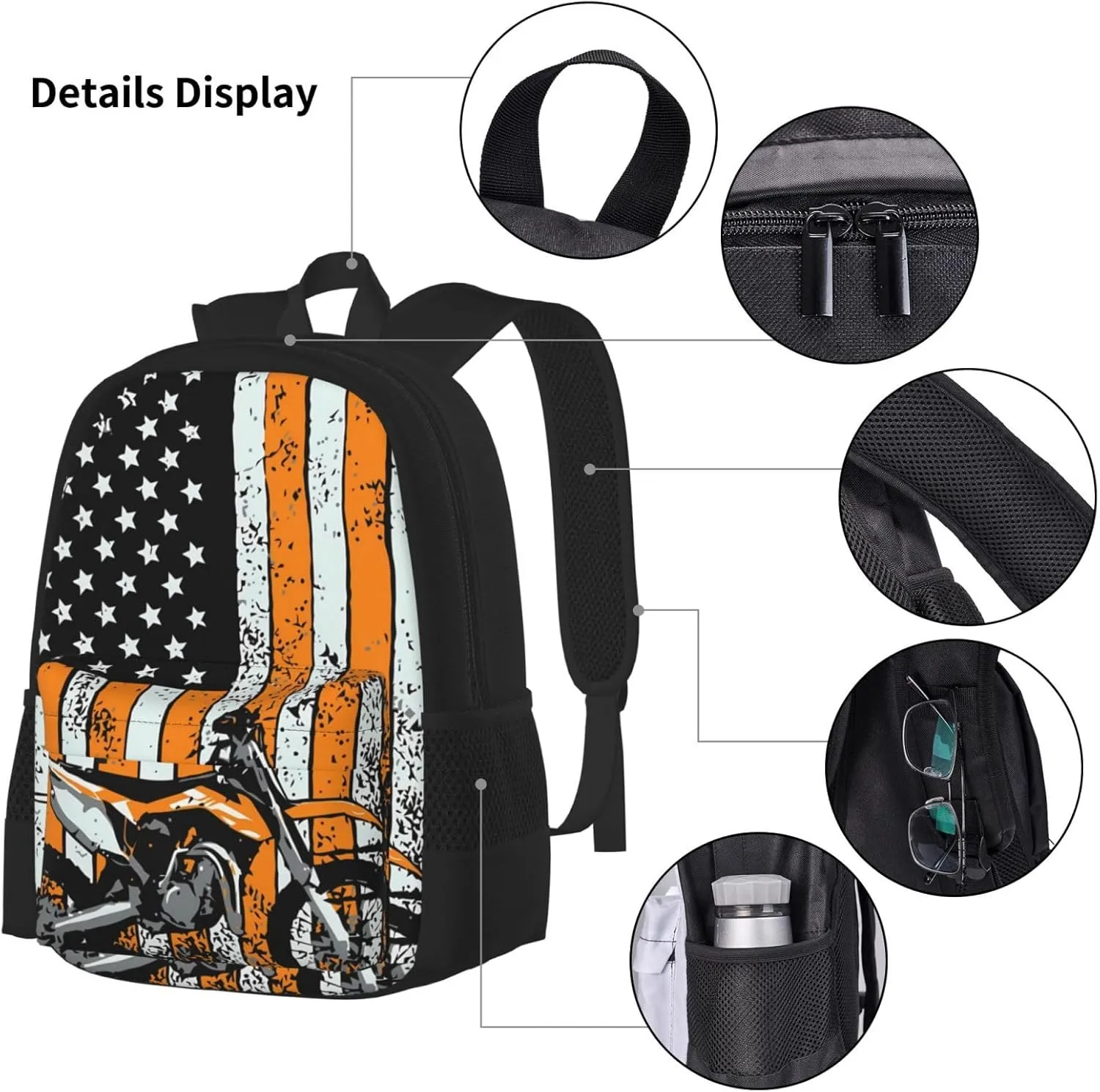 Motocross Dirt bike Motocycle American Flag Multifunctional Pocket Backpack Crossbody Lunch Bag Pencil Case 3Pcs Set Large Capacity Backpack