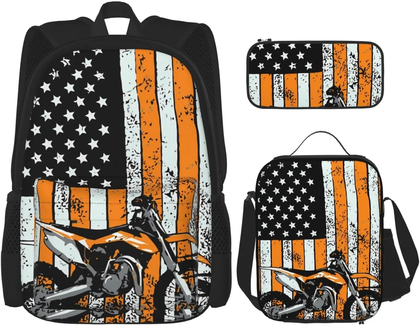 Motocross Dirt bike Motocycle American Flag Multifunctional Pocket Backpack Crossbody Lunch Bag Pencil Case 3Pcs Set Large Capacity Backpack