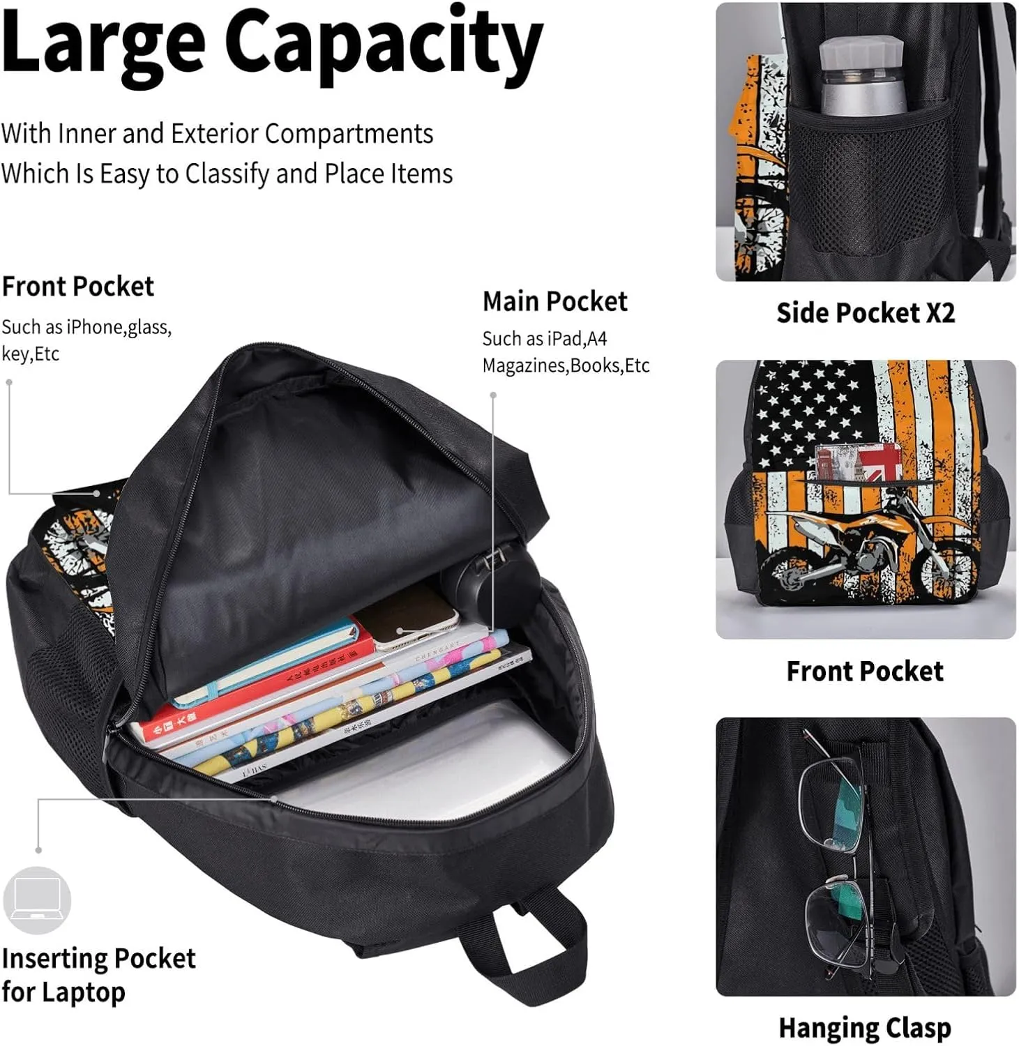 Motocross Dirt bike Motocycle American Flag Multifunctional Pocket Backpack Crossbody Lunch Bag Pencil Case 3Pcs Set Large Capacity Backpack