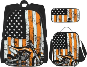 Motocross Dirt bike Motocycle American Flag Multifunctional Pocket Backpack Crossbody Lunch Bag Pencil Case 3Pcs Set Large Capacity Backpack