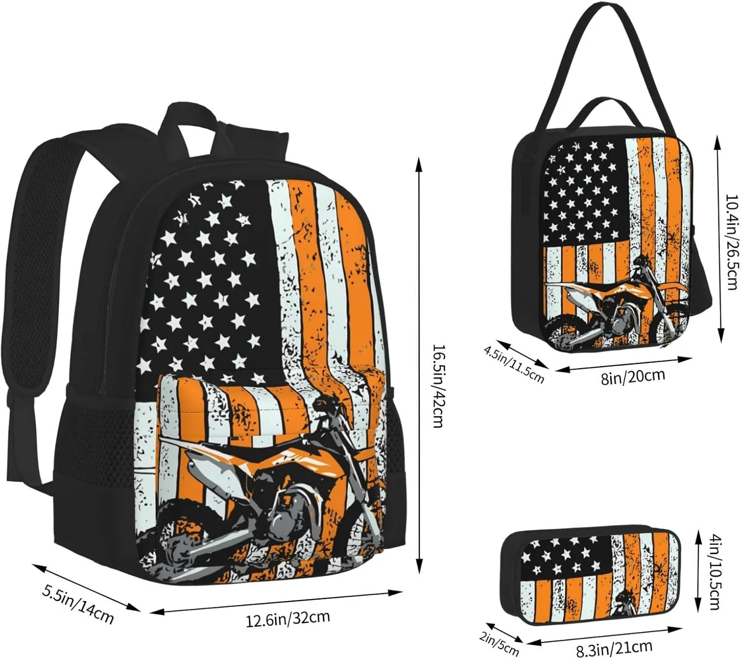 Motocross Dirt bike Motocycle American Flag Multifunctional Pocket Backpack Crossbody Lunch Bag Pencil Case 3Pcs Set Large Capacity Backpack