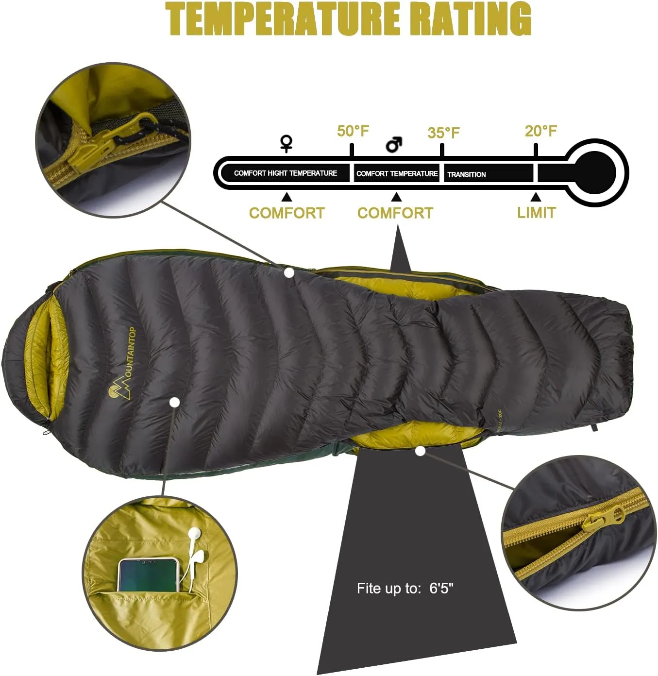 Mountaintop Ultralight Mummy Down Sleeping Bag 650 Fill Power Duck Down Suits for 32 Degree F for Camping Hiking Backpacking