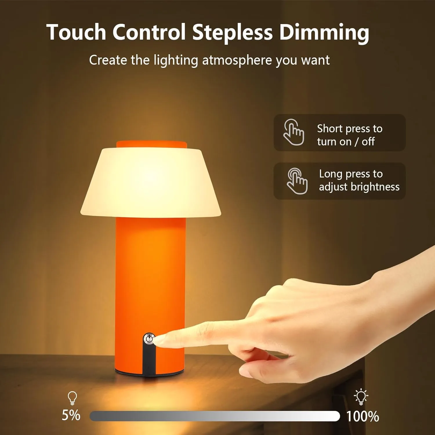 Mushroom Indoor/Outdoor Waterproof Shower Battery Operated Cordless Portable Rechargeable Touch Dimming LED Table Lamp for Bedroom/Dinning/Patio (Orange)