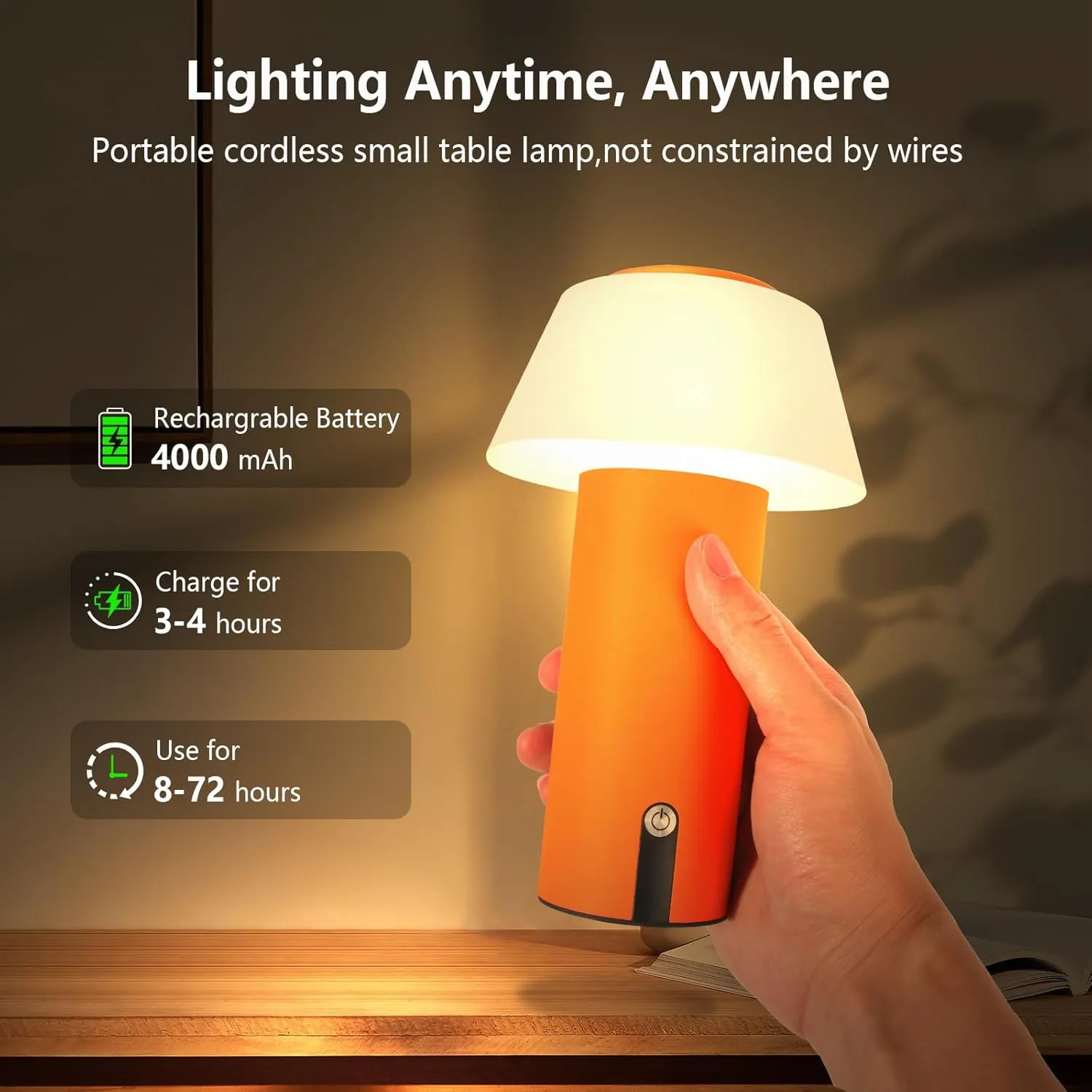 Mushroom Indoor/Outdoor Waterproof Shower Battery Operated Cordless Portable Rechargeable Touch Dimming LED Table Lamp for Bedroom/Dinning/Patio (Orange)