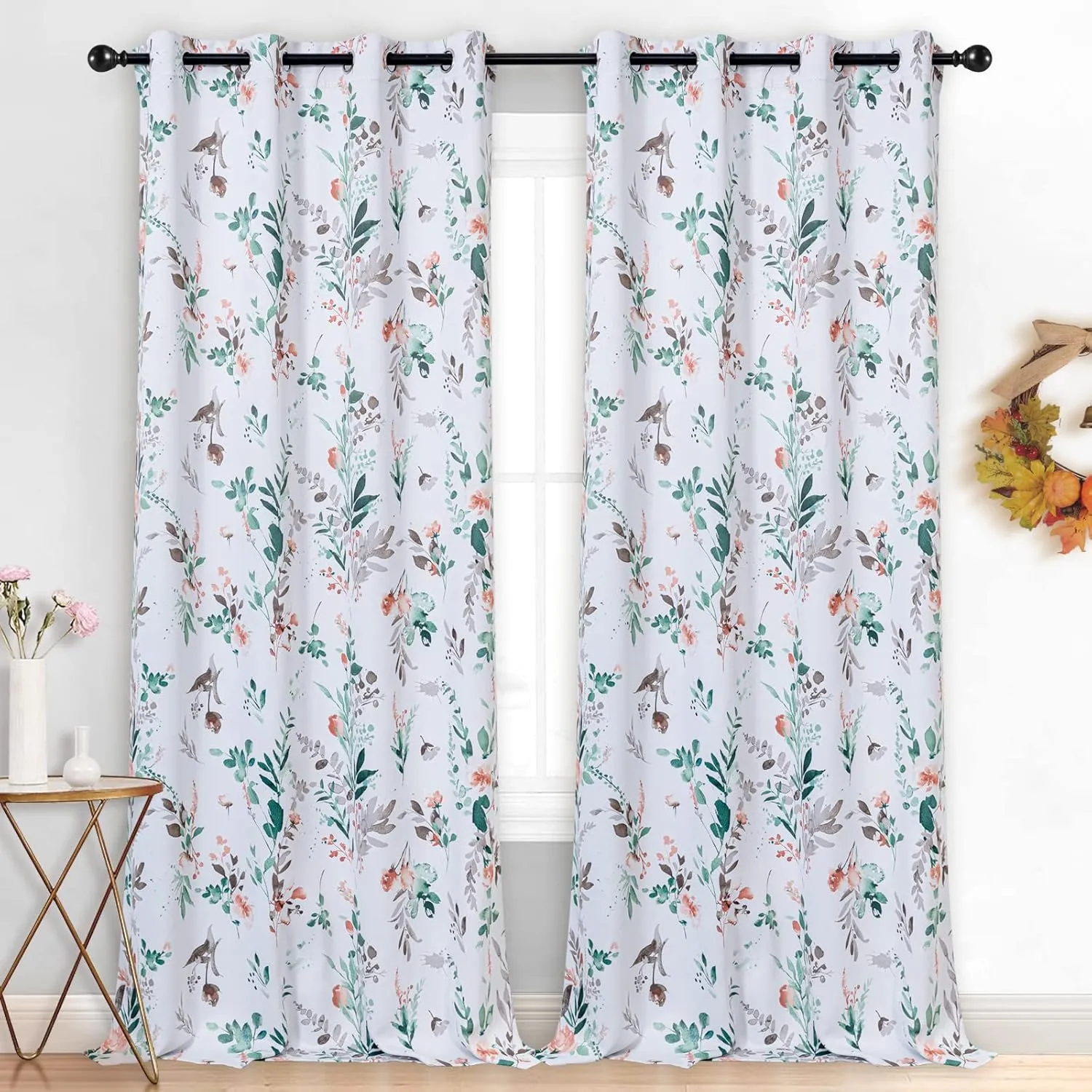MYSKY HOME Fall Curtains for Living Room Darkening Curtains 84 Inch Long Floral Curtains Thermal Insulated Panels Light Blocking Grommet Autumn Drapes, 52" W x 84" L, 2 Panels, Orange