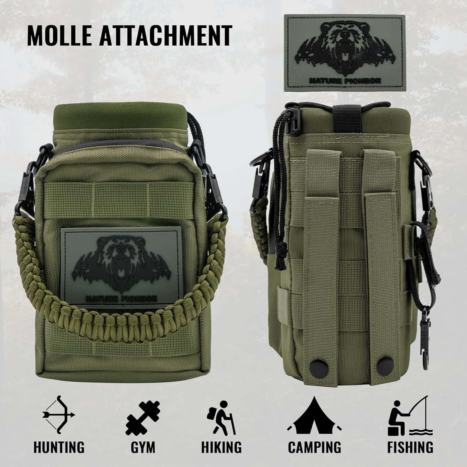 NATURE PIONEOR 32 64 128oz Tactical Water Bottle Pouch, Multi-Function Tactical Water Bottle Bag with Adjustable Shoulder Strap, Half/One Gallon Molle Strap Carrier Holder