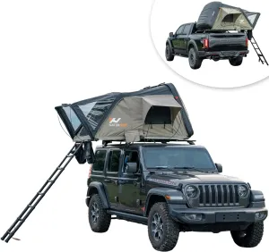 Naturnest Hard Shell Rooftop Tent Hardshell Roof Top Tent Car Camping for Pickup Wagon Van SUV All Seasons with Telescopic Ladder (Black & Beige)