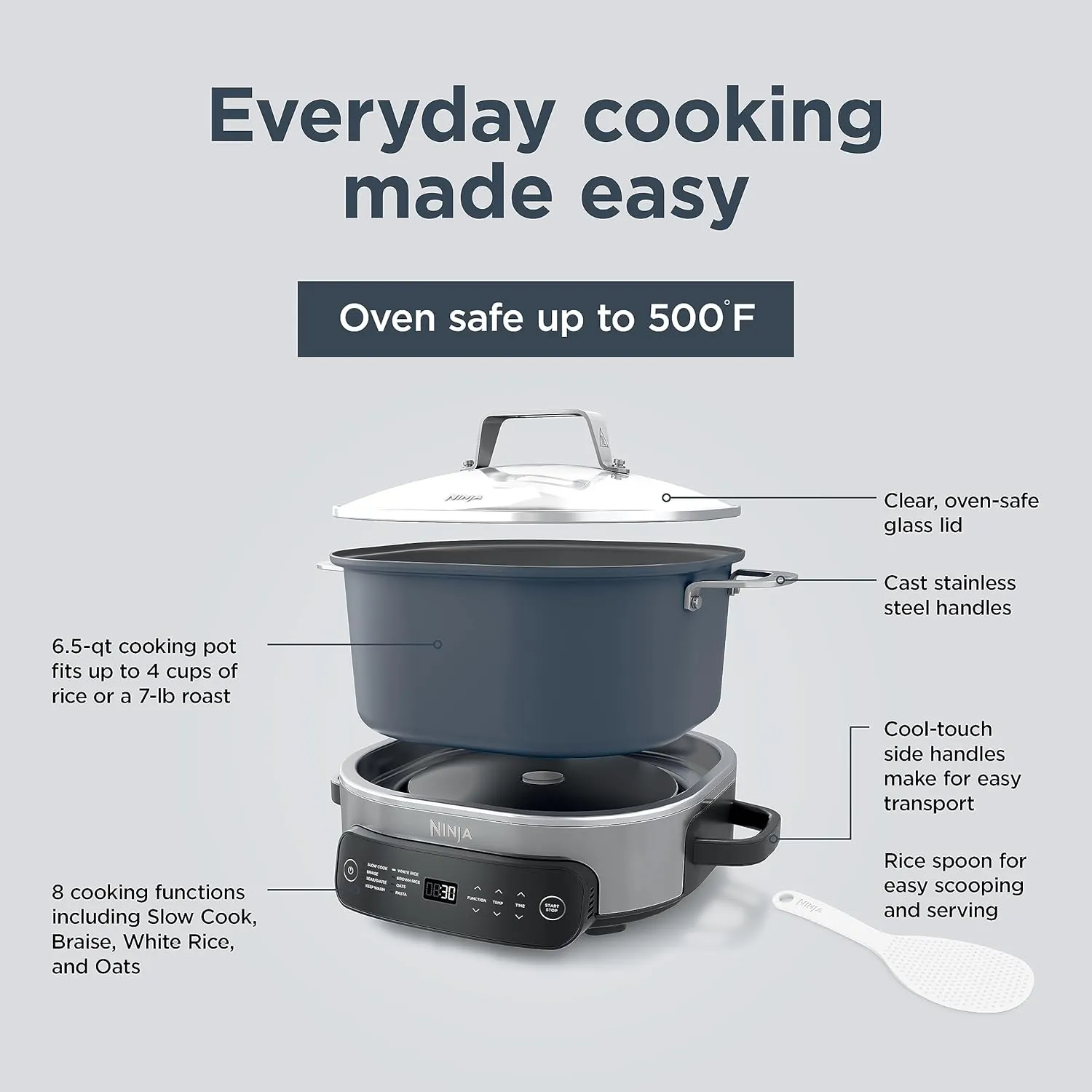 Ninja MC1101 Foodi Everyday Possible Cooker Pro, 8-in-1 Versatility, 6.5 QT, One-Pot Cooking, Replaces 10 Cooking Tools, Faster Cooking, Family-Sized Capacity, Adjustable Temp Control, Midnight Blue