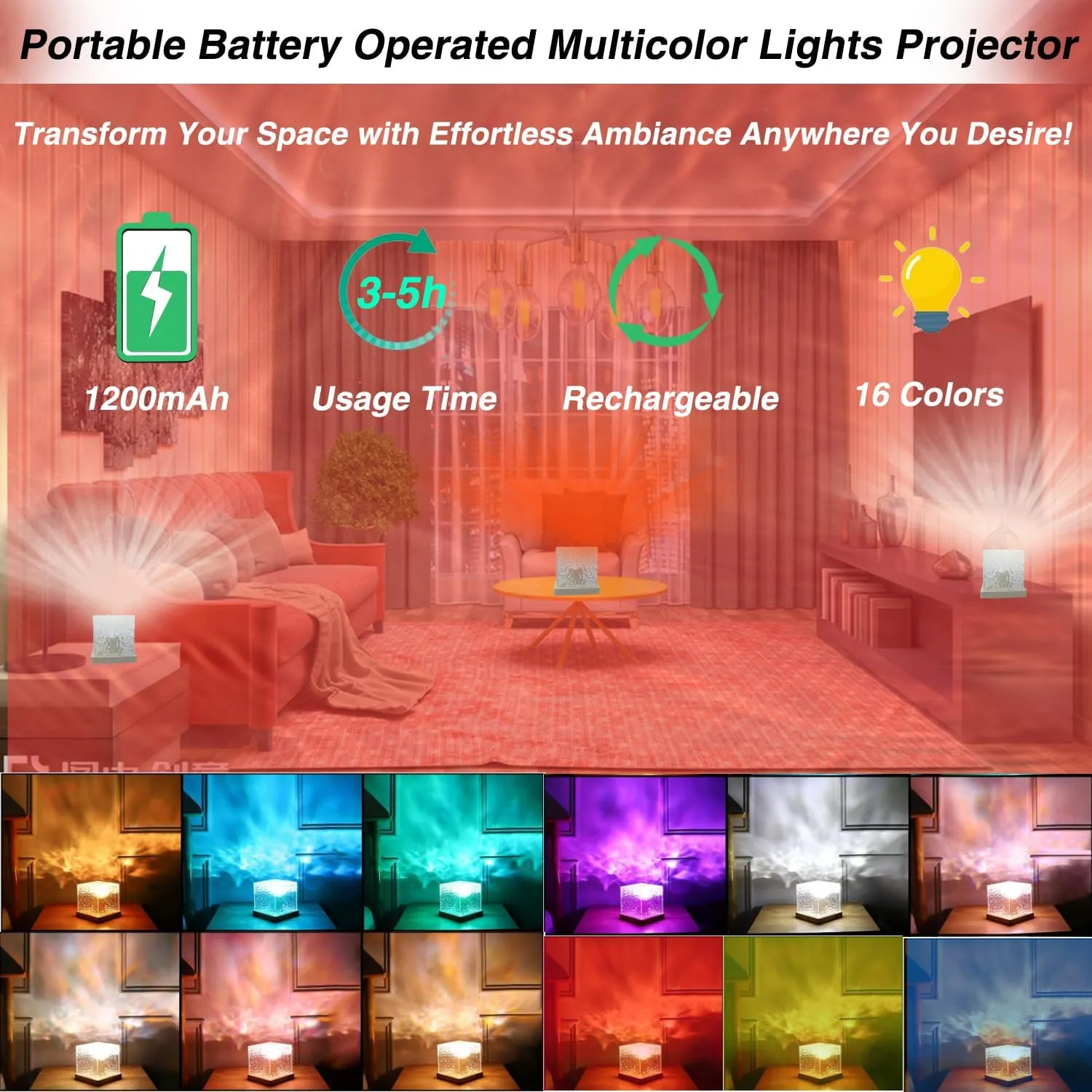 Ocean Wave Projector Light Cordless - Battery Operated Under Water Lamp Cube Northern Lights Aurora Projector Rechargeable Night Light for Shower Bedroom Stress Relief (Wireless)