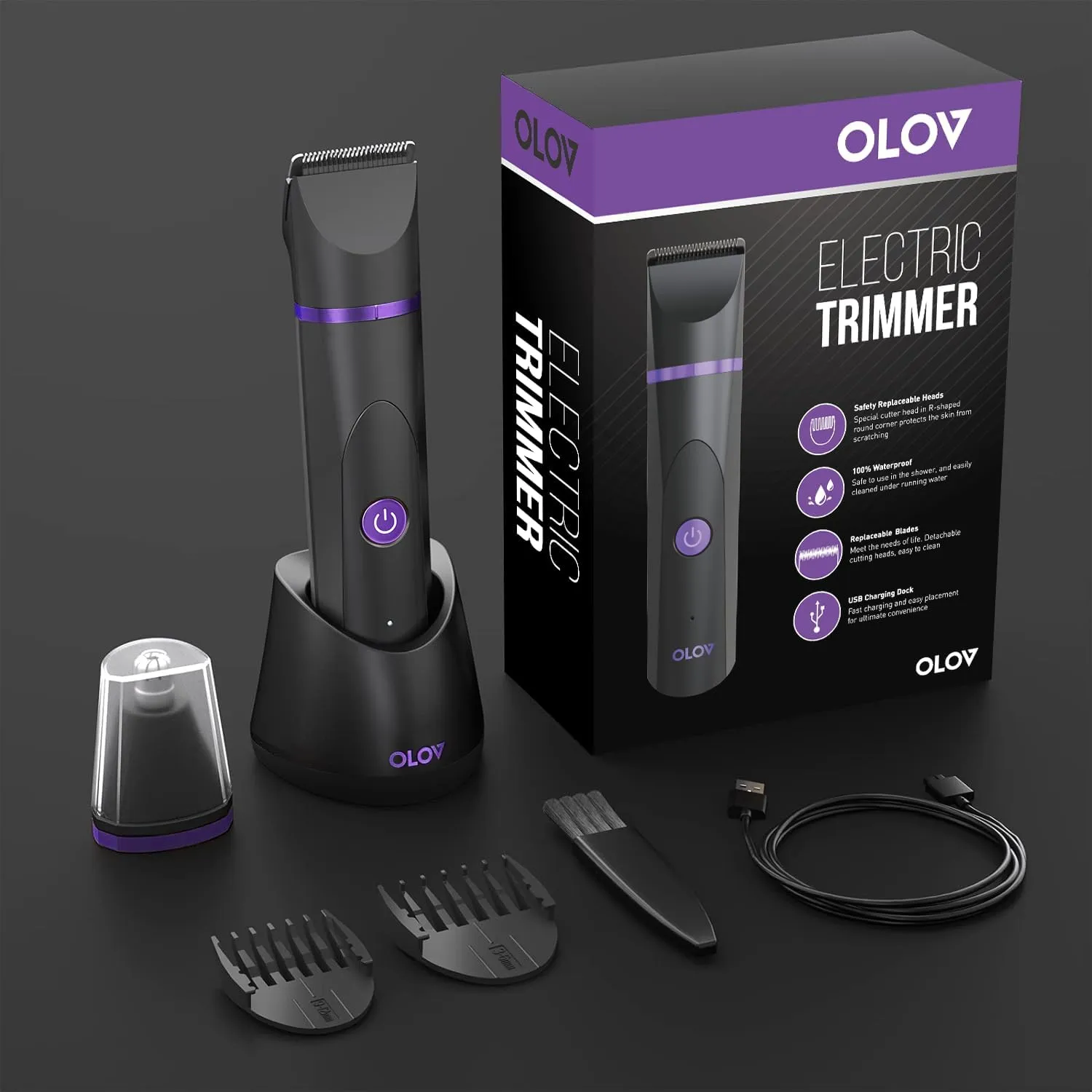 OLOV Electric Body Hair Trimmer - Groin Trimmer for Men - Bikini Trimmer Women - Wet/Dry Shaver Groomer, Replaceable Ceramic Blade Heads, USB Recharge Dock, Waterproof Hygiene Razor, Black Violet