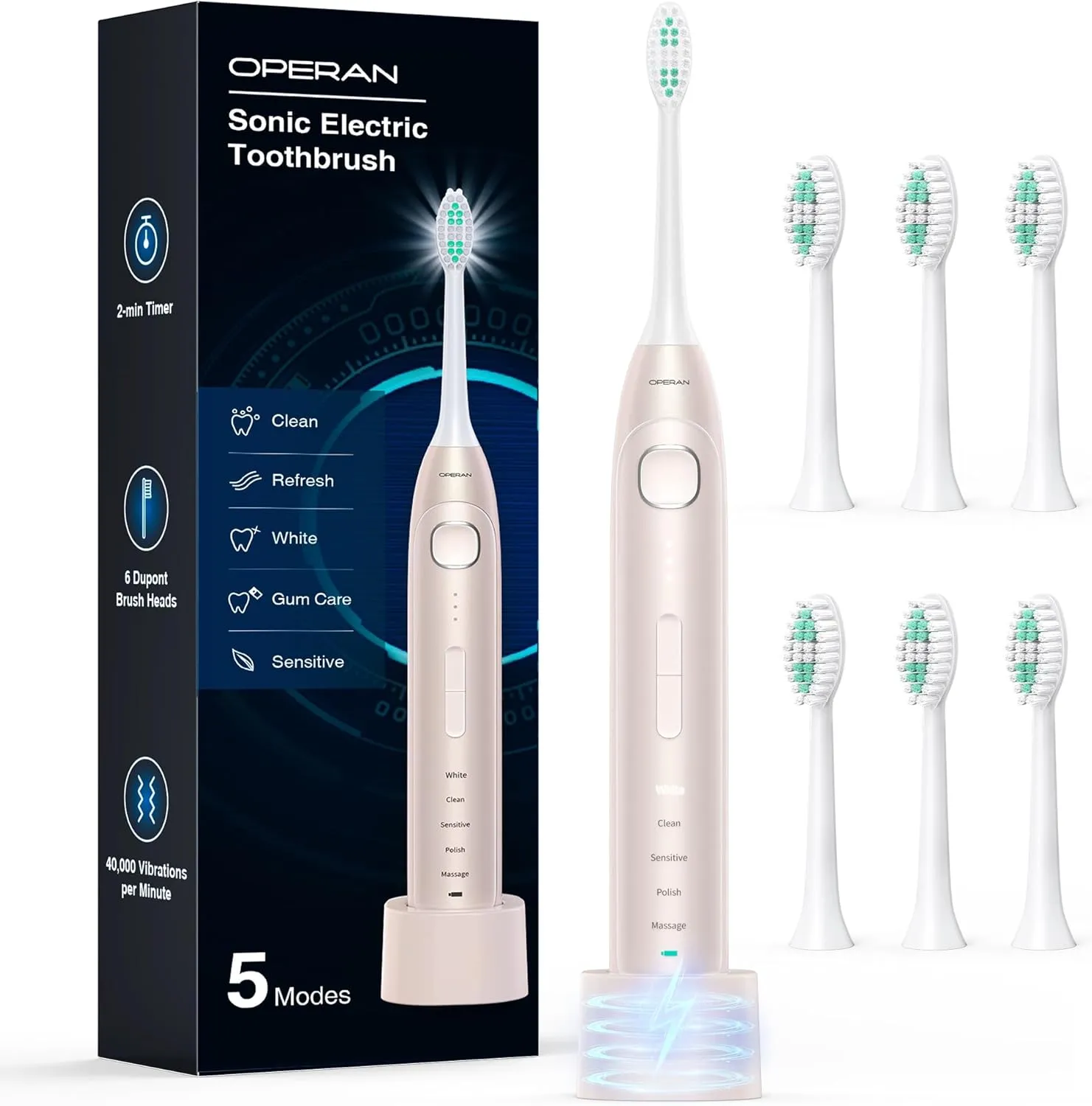Operan Electric Toothbrush for Adults and Kids High Power Sonic Rechargeable Toothbrush with Smart Timer 5 Modes 6 Brush Heads 40,000 VPM Motor 6 Hours Fast Charge for 100 Days (Champagne)