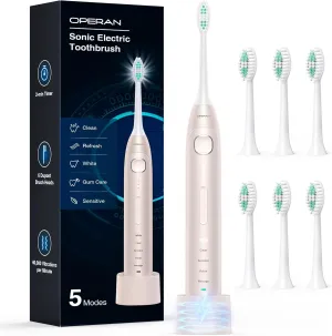 Operan Electric Toothbrush for Adults and Kids High Power Sonic Rechargeable Toothbrush with Smart Timer 5 Modes 6 Brush Heads 40,000 VPM Motor 6 Hours Fast Charge for 100 Days (Champagne)