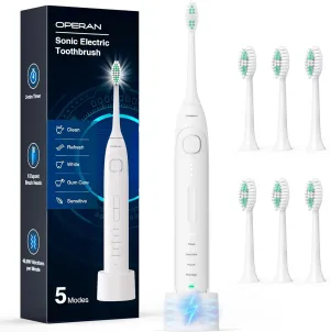 Operan Electric Toothbrush for Adults and Kids High Power Sonic Rechargeable Toothbrush with Smart Timer 5 Modes 6 Brush Heads 40,000 VPM Motor 6 Hours Fast Charge for 100 Days (White)
