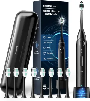 Operan Electric Toothbrush for Adults and Kids Rechargeable Sonic Toothbrush with 5 Modes 2-Min Smart Timer IPX7 Waterproof 40,000 VPM Motor with 8 Brush Heads & Travel Case (Black, 1Pack)