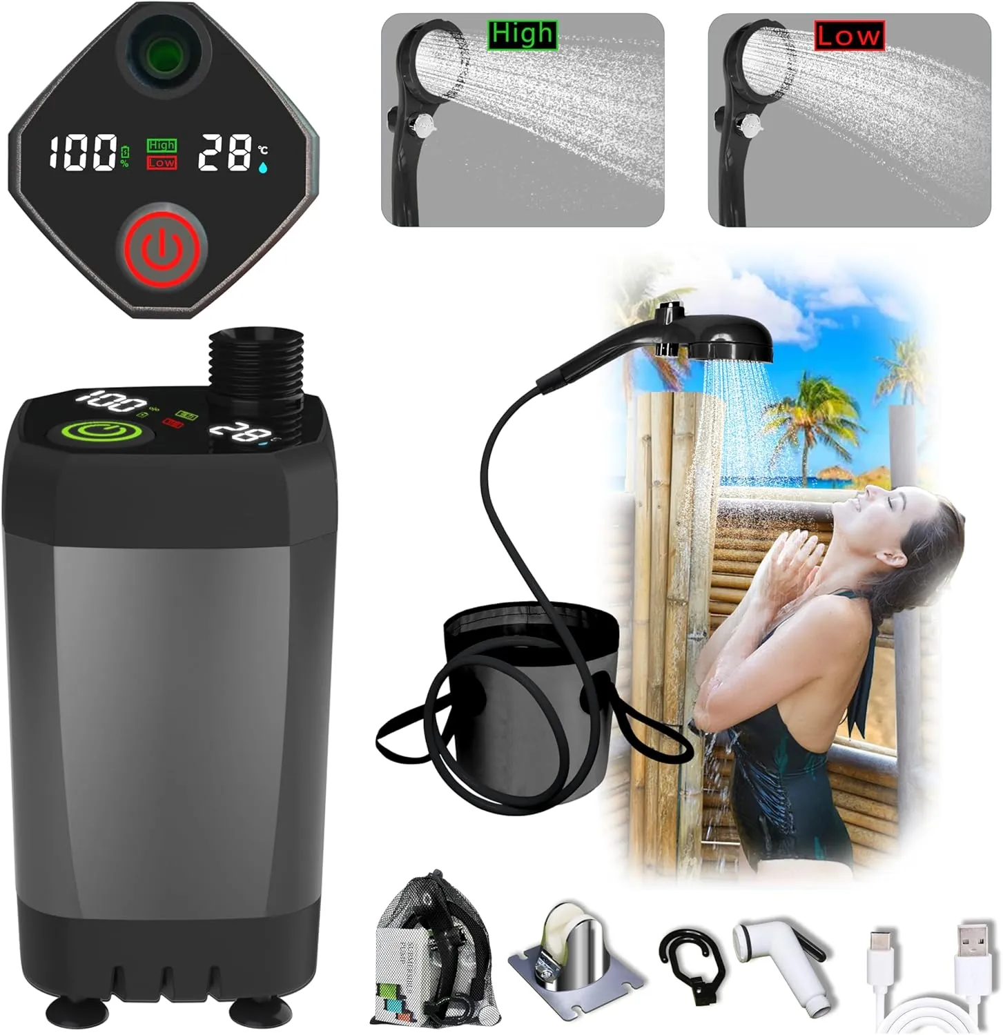 Outdoor Portable Camping Shower: Battary Electronic Shower for Family Road Trip - Camp Shower Kit for Pet Car Plants in Garden
