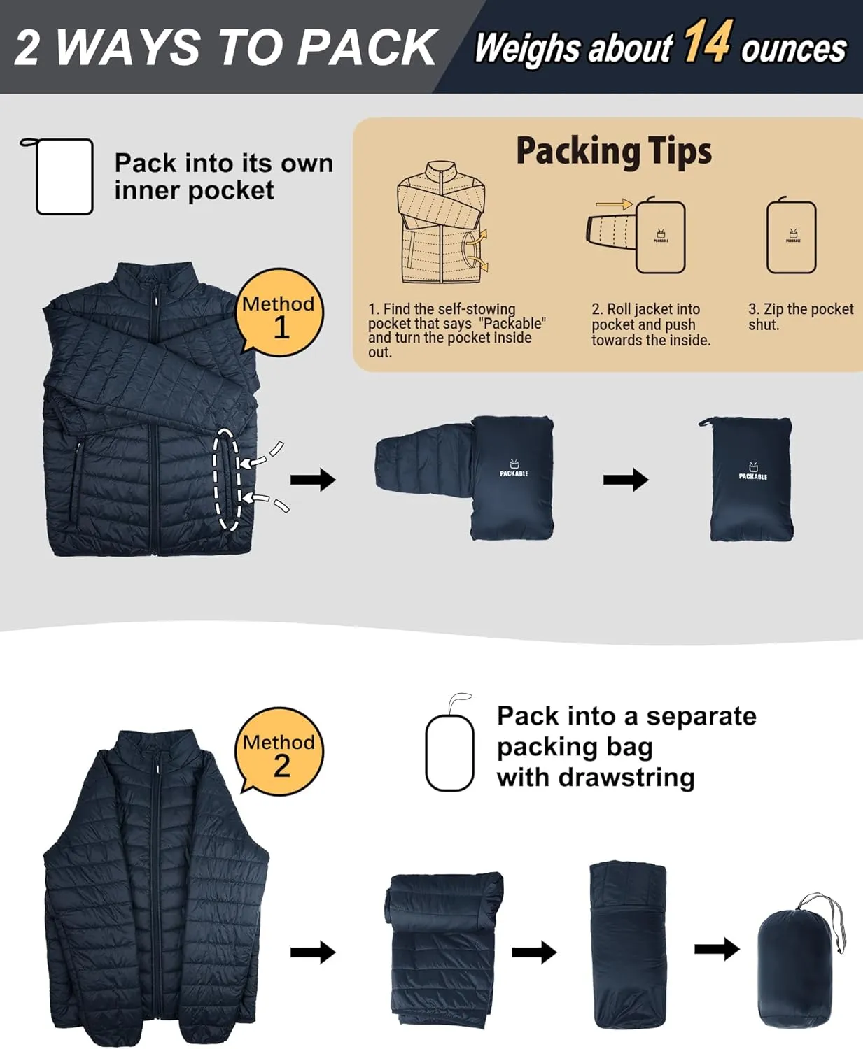 Outdoor Ventures Men's Lightweight Packable Puffer Winter Jacket Insulated Puffy Coat for Snow Ski Hiking Travel