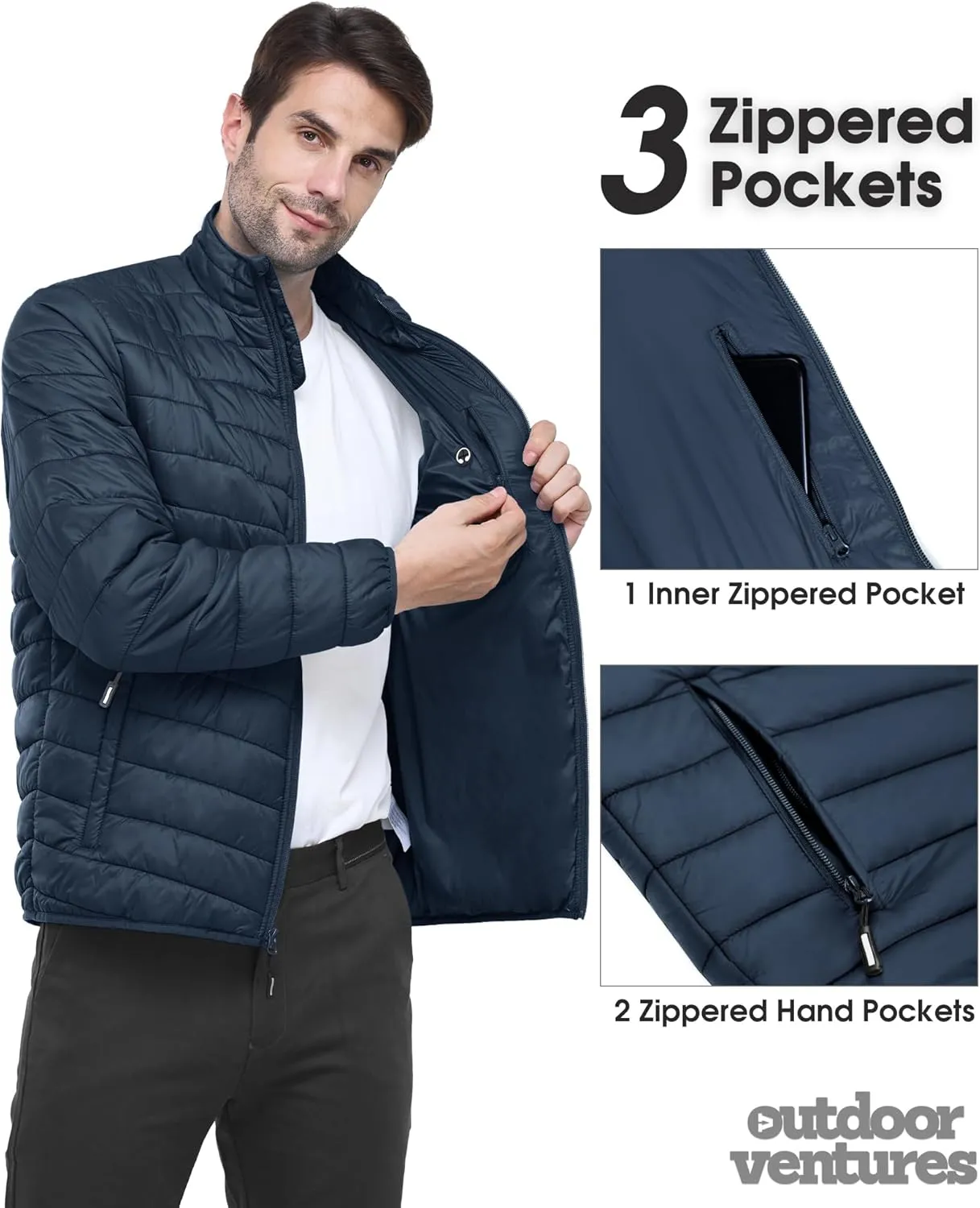 Outdoor Ventures Men's Lightweight Packable Puffer Winter Jacket Insulated Puffy Coat for Snow Ski Hiking Travel