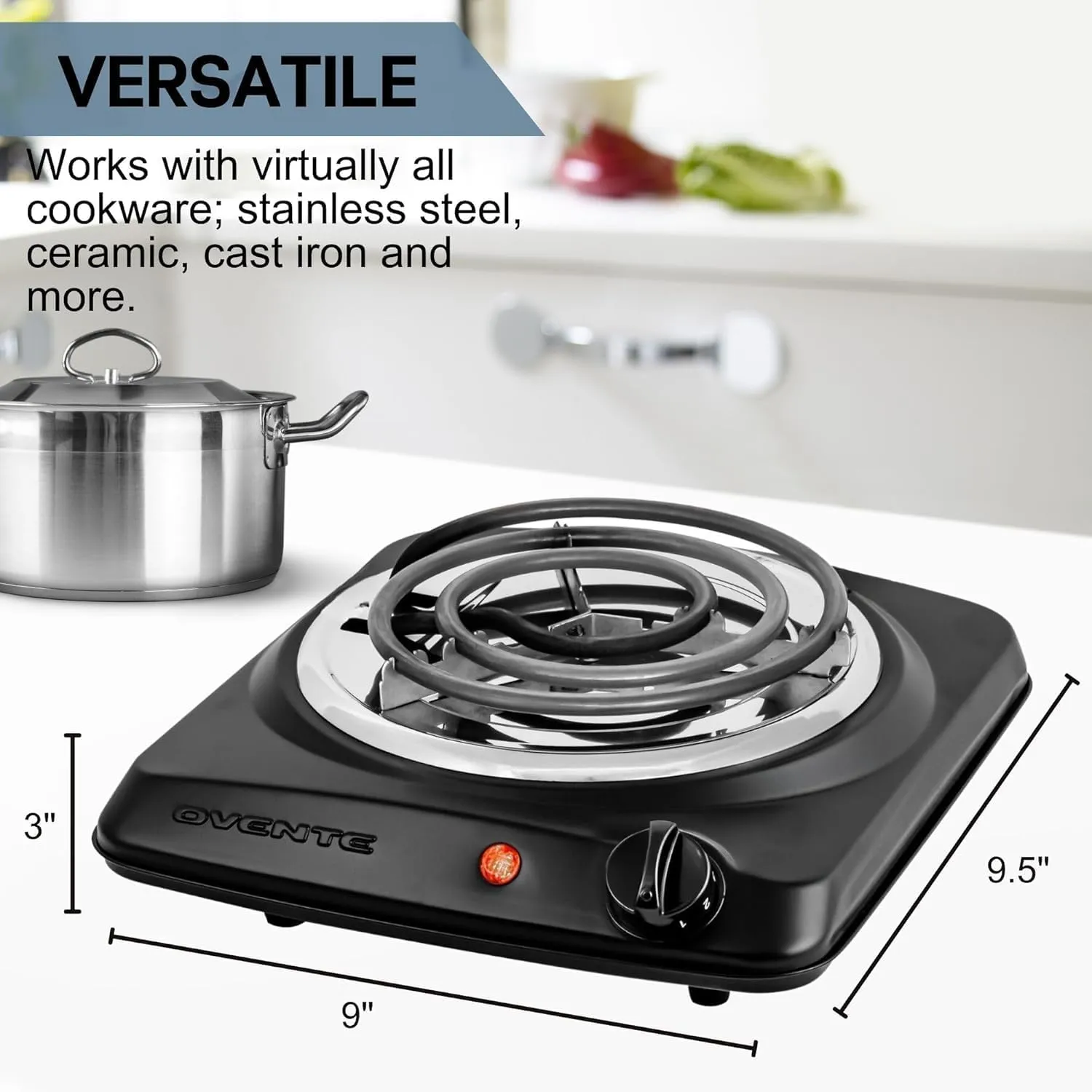 OVENTE Electric Countertop Single Burner, 1000W Cooktop with 6" Stainless Steel Coil Hot Plate, 5 Level Temperature Control, Indicator Light, Compact Cooking Stove and Easy to Clean, Black BGC101B