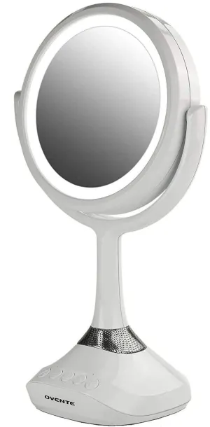 Ovente Lighted Vanity Mirror, Table Top, 360 Degree Spinning 6'' Double Sided Circle LED 1X 5X Magnifier with MP3 Audio, Built-in Wireless Speaker, Rechargeable, USB Operated, White MRT06W1X5X