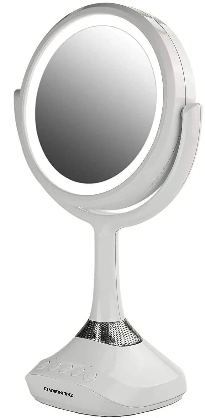 Ovente Lighted Vanity Mirror, Table Top, 360 Degree Spinning 6'' Double Sided Circle LED 1X 5X Magnifier with MP3 Audio, Built-in Wireless Speaker, Rechargeable, USB Operated, White MRT06W1X5X