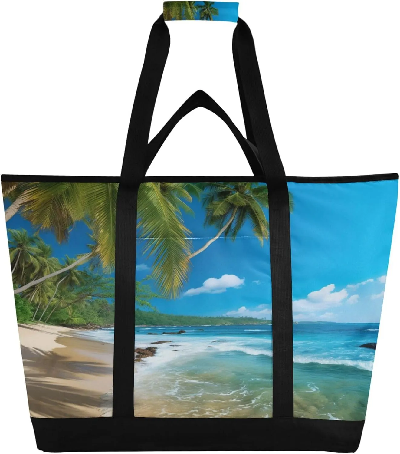Palm Tree Beach Sea Reusable Insulated Cooler Bag with Ice Pack Compartment - Large 47L Waterproof Thermal Grocery Tote for Picnic Beach Camping Lunch Storage