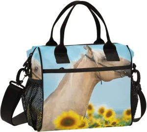 Palomino Horse on Sunflowers at Sunset Lunch Bag Insulated Lunch Box for Women Cooler Bag Reusable Lunch Tote Bag Men Leakproof Lunchbox with Shoulder Strap School Work Picnic