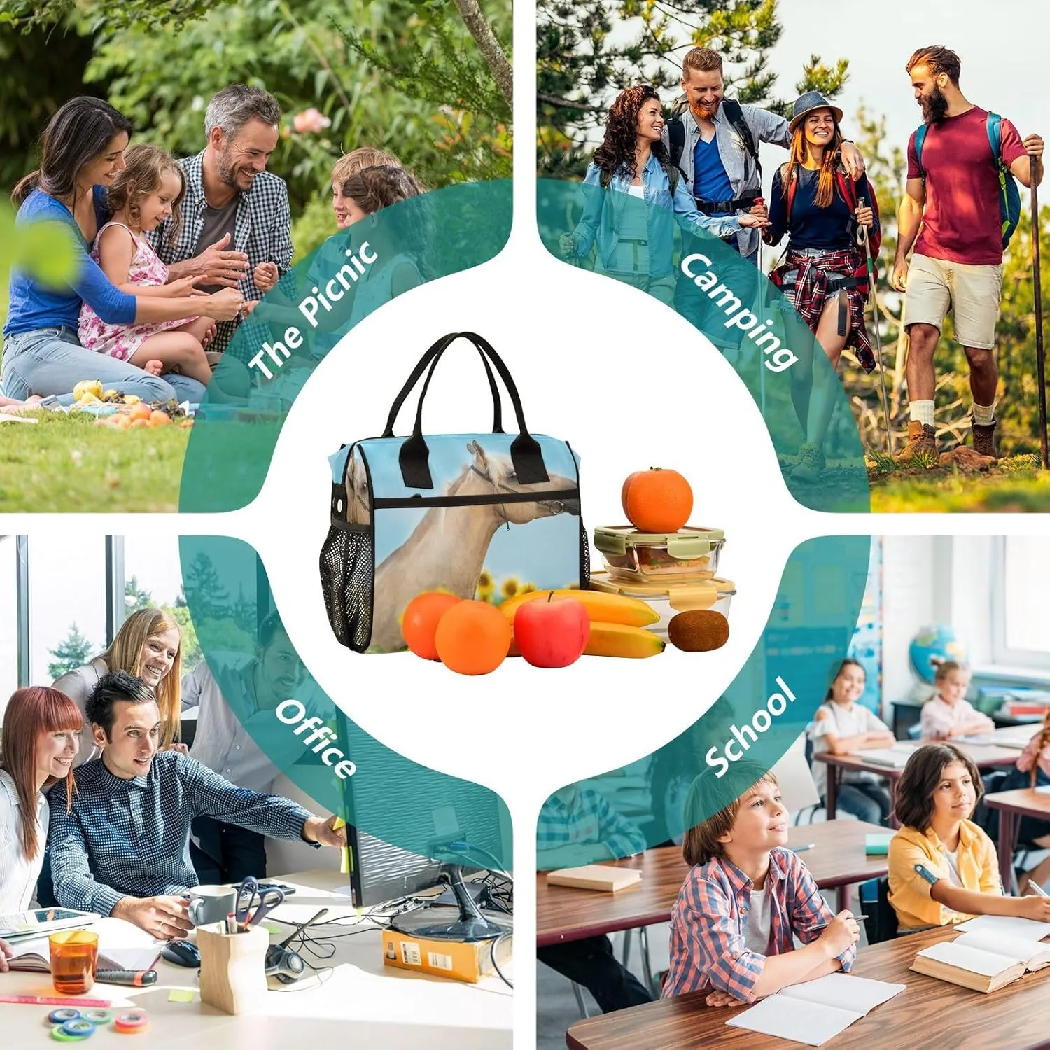 Palomino Horse on Sunflowers at Sunset Lunch Bag Insulated Lunch Box for Women Cooler Bag Reusable Lunch Tote Bag Men Leakproof Lunchbox with Shoulder Strap School Work Picnic