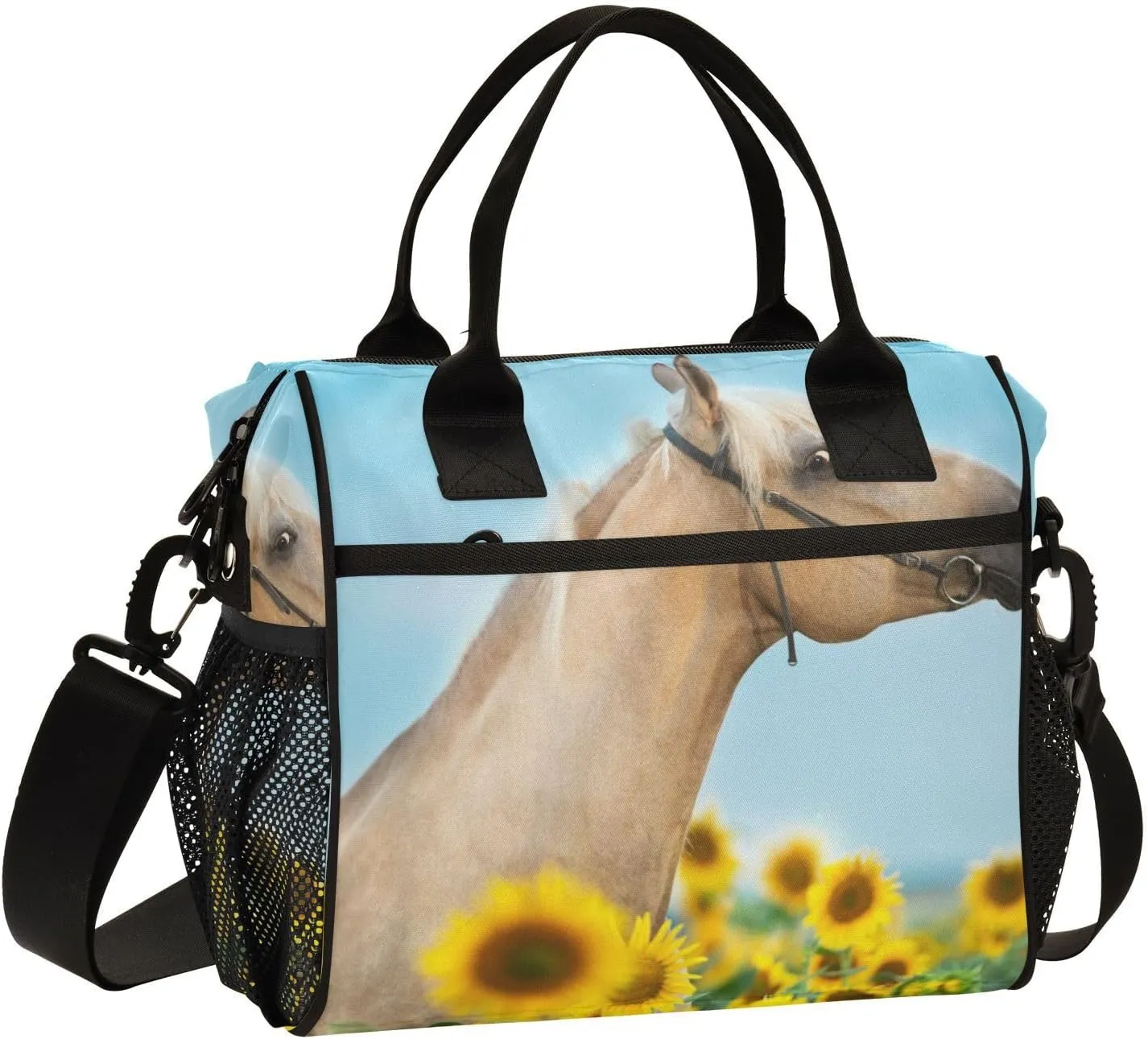 Palomino Horse on Sunflowers at Sunset Lunch Bag Insulated Lunch Box for Women Cooler Bag Reusable Lunch Tote Bag Men Leakproof Lunchbox with Shoulder Strap School Work Picnic