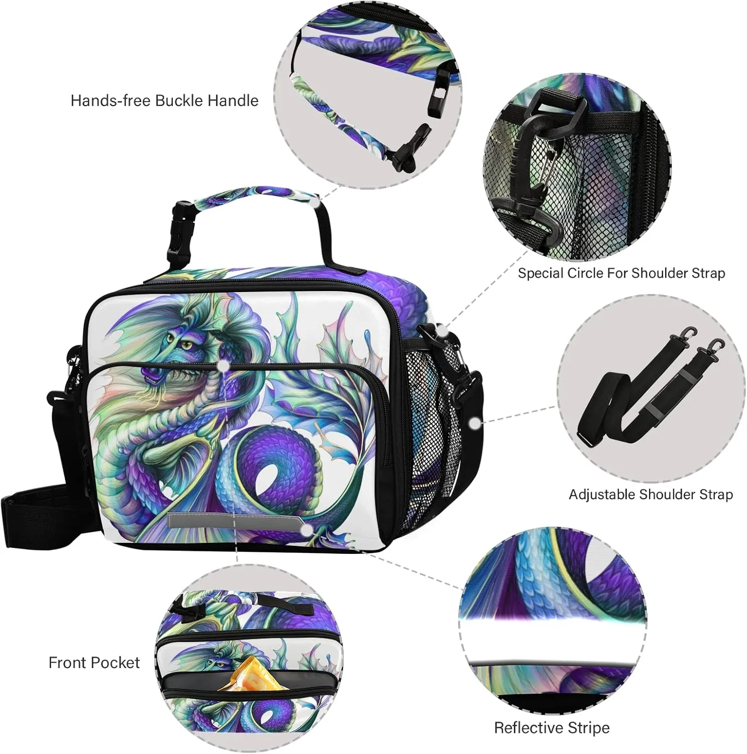 panksolu Chinese Dragon Lunch Bag, Insulated Lunch Box with Adjustable Shoulder Strap Cooler Tote Bag for Men Women Kids Teens