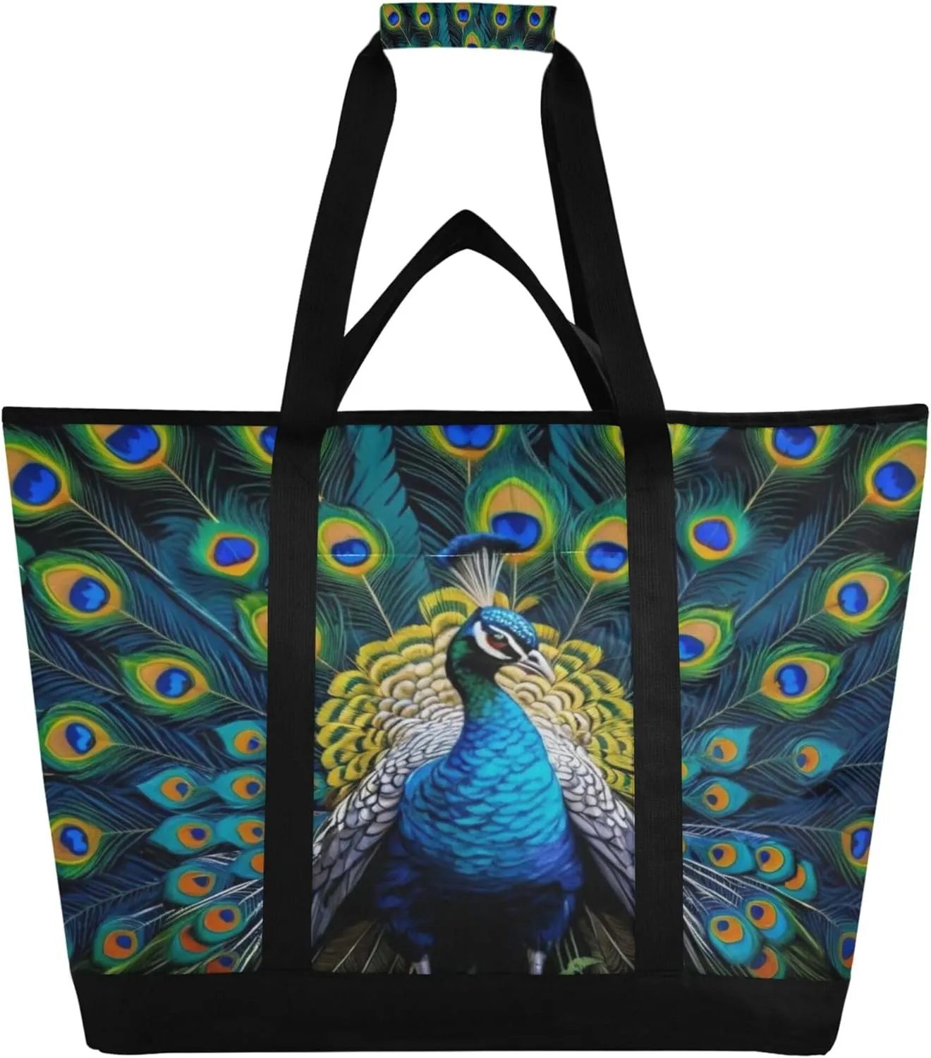 Peacock Reusable Insulated Cooler Bag with Ice Pack Compartment - Large 47L Waterproof Thermal Grocery Tote for Picnic Beach Camping Lunch Storage