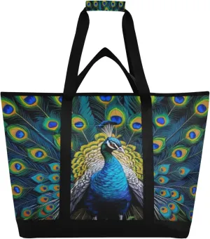 Peacock Reusable Insulated Cooler Bag with Ice Pack Compartment - Large 47L Waterproof Thermal Grocery Tote for Picnic Beach Camping Lunch Storage