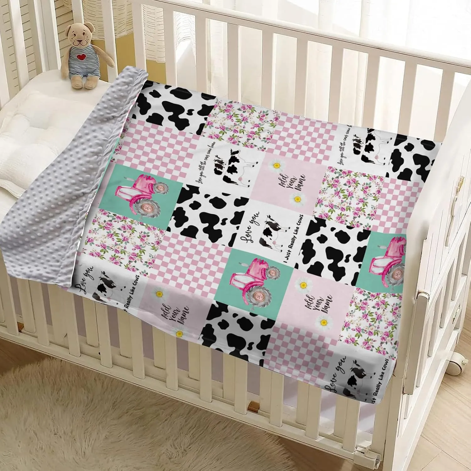 Personalized Baby Blanket - Custom Name Plaid Blankets with Cow & Tractor Design - Soft Plush Flannel Blanket with Double Layer Dotted Backing for Boys Girls Gift Color11