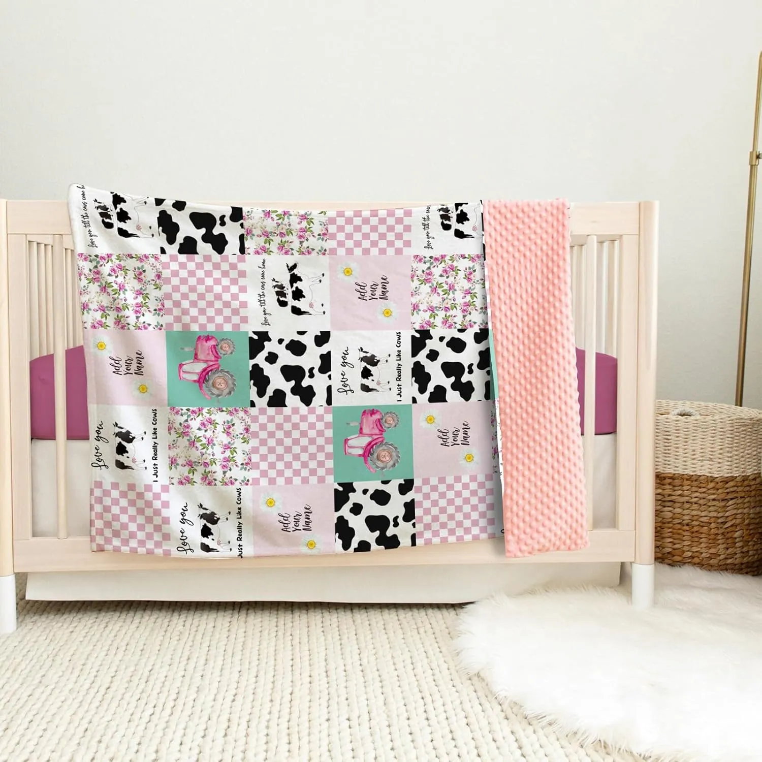 Personalized Baby Blanket - Custom Name Plaid Blankets with Cow & Tractor Design - Soft Plush Flannel Blanket with Double Layer Dotted Backing for Boys Girls Gift Color11