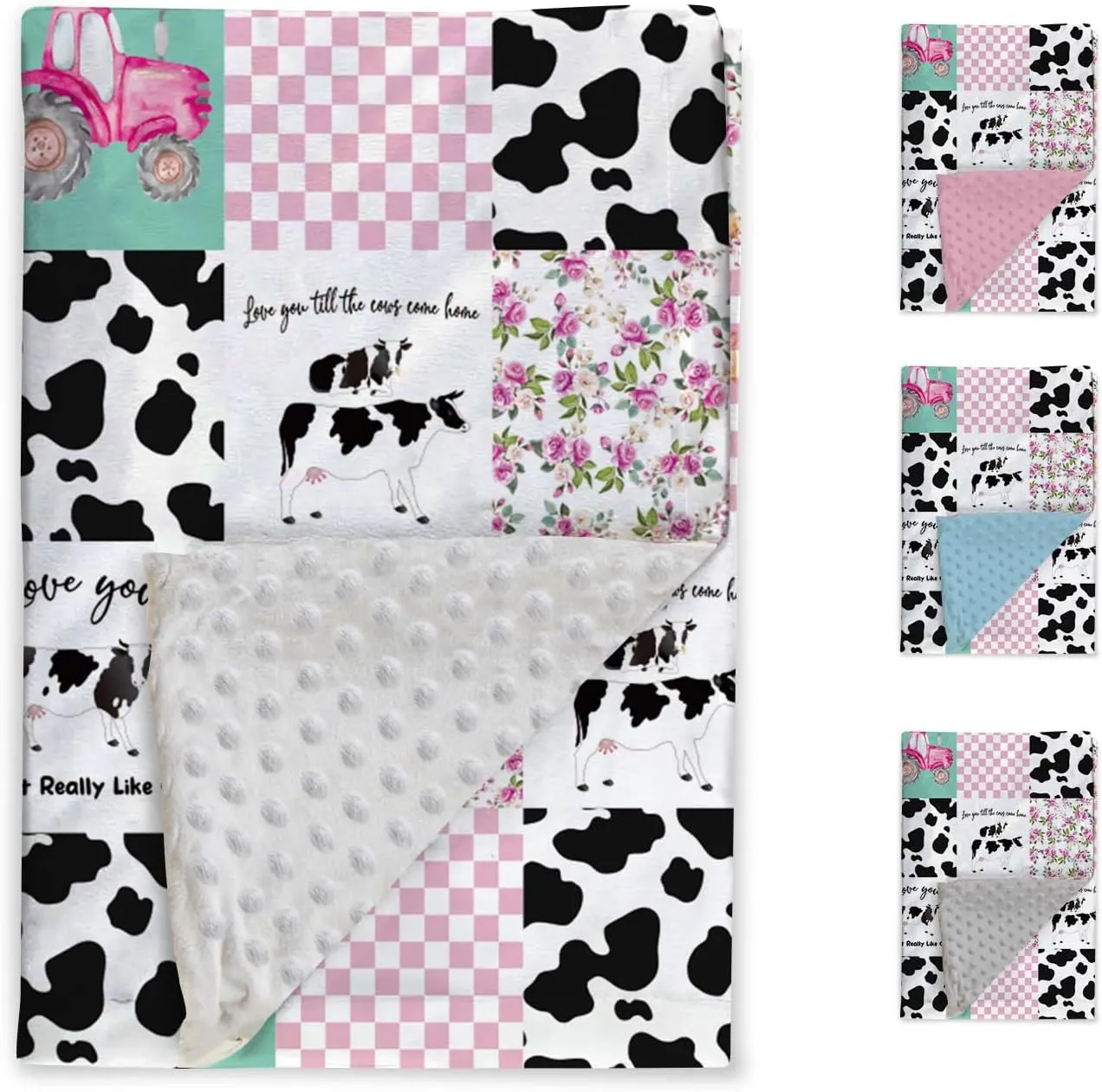Personalized Baby Blanket - Custom Name Plaid Blankets with Cow & Tractor Design - Soft Plush Flannel Blanket with Double Layer Dotted Backing for Boys Girls Gift Color11