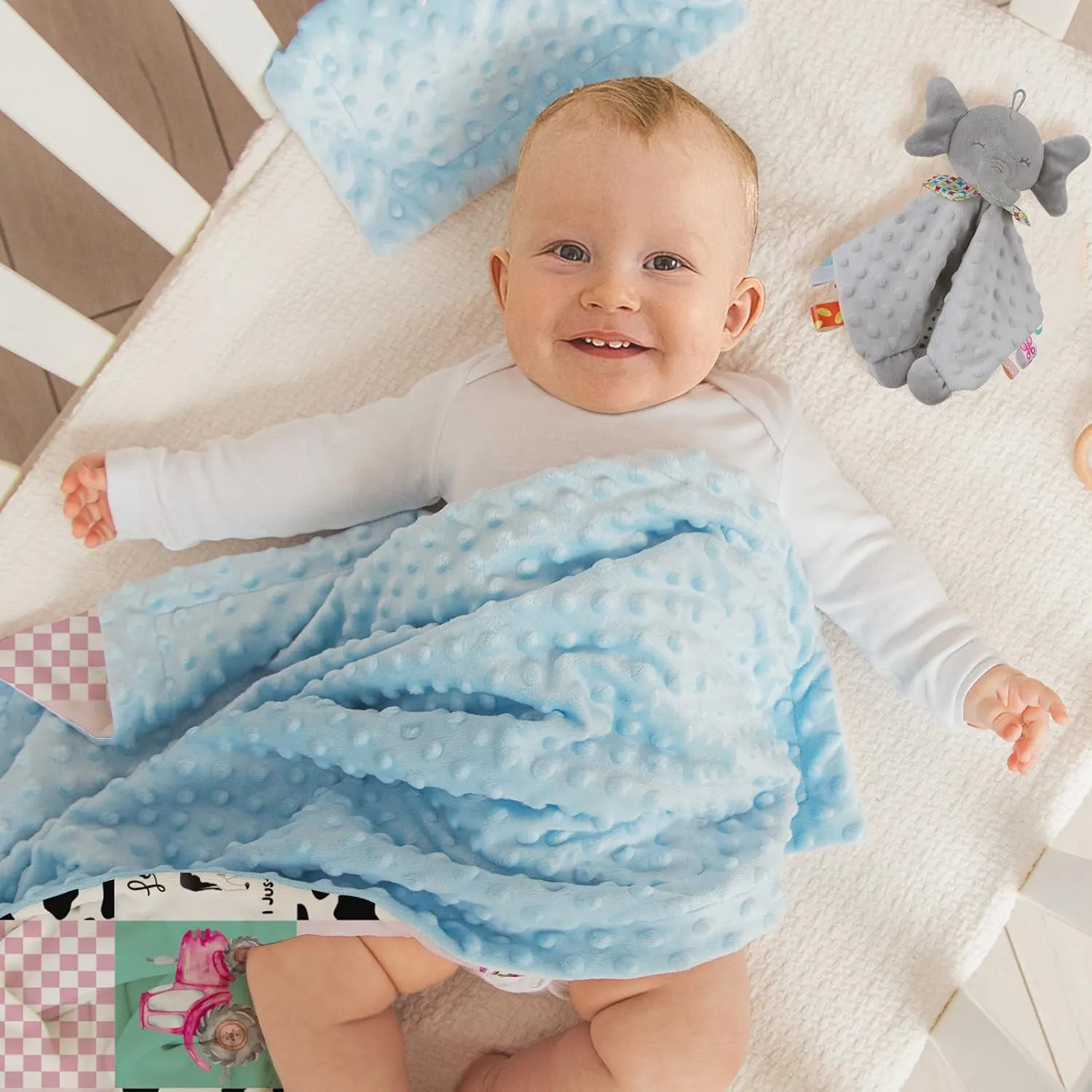 Personalized Baby Blanket - Custom Name Plaid Blankets with Cow & Tractor Design - Soft Plush Flannel Blanket with Double Layer Dotted Backing for Boys Girls Gift Color11