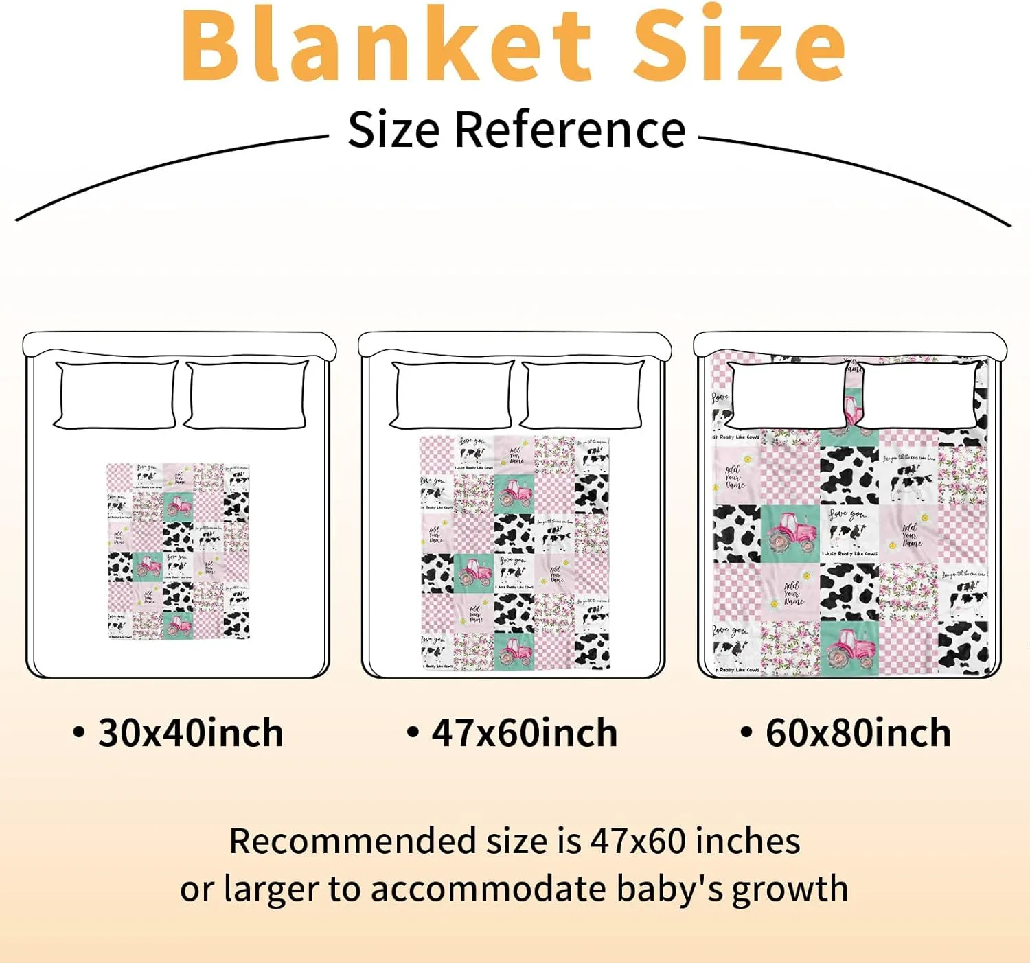 Personalized Baby Blanket - Custom Name Plaid Blankets with Cow & Tractor Design - Soft Plush Flannel Blanket with Double Layer Dotted Backing for Boys Girls Gift Color11