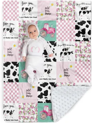 Personalized Baby Blanket - Custom Name Plaid Blankets with Cow & Tractor Design - Soft Plush Flannel Blanket with Double Layer Dotted Backing for Boys Girls Gift Color11