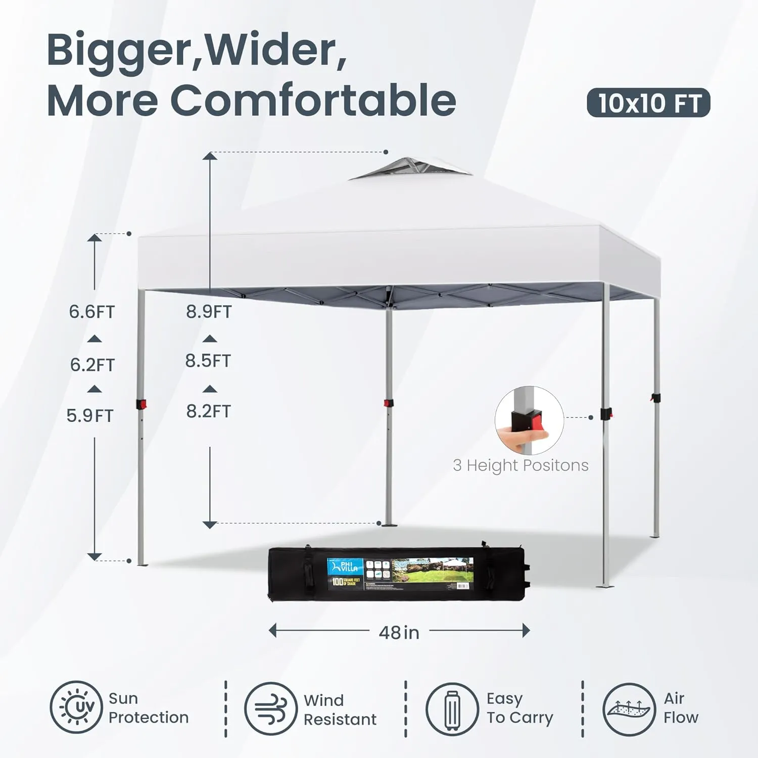 PHI VILLA Pop-up Canopy 10x10 Patio Tent Instant Gazebo Canopy with Wheeled Bag, Portable Lightweight Folding w/Adjustable Height,White