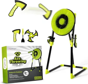 Play Platoon Kids Axe Throwing Game for Backyard, Throwing Set for Adults, Kids- 3 Plastic Toy Hatchets, Ninja Stars, and Darts, Bristle Dart Board Indoor Outdoor Fun