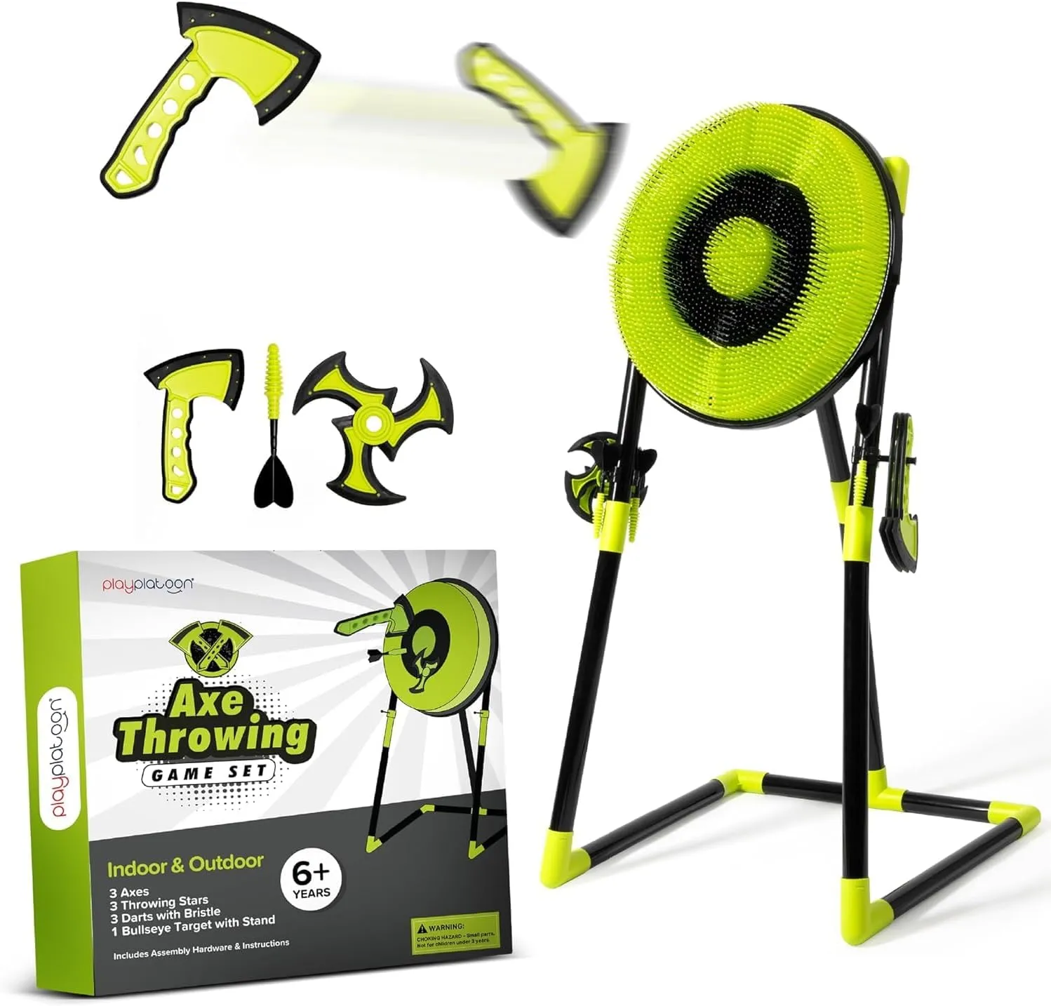 Play Platoon Kids Axe Throwing Game for Backyard, Throwing Set for Adults, Kids- 3 Plastic Toy Hatchets, Ninja Stars, and Darts, Bristle Dart Board Indoor Outdoor Fun