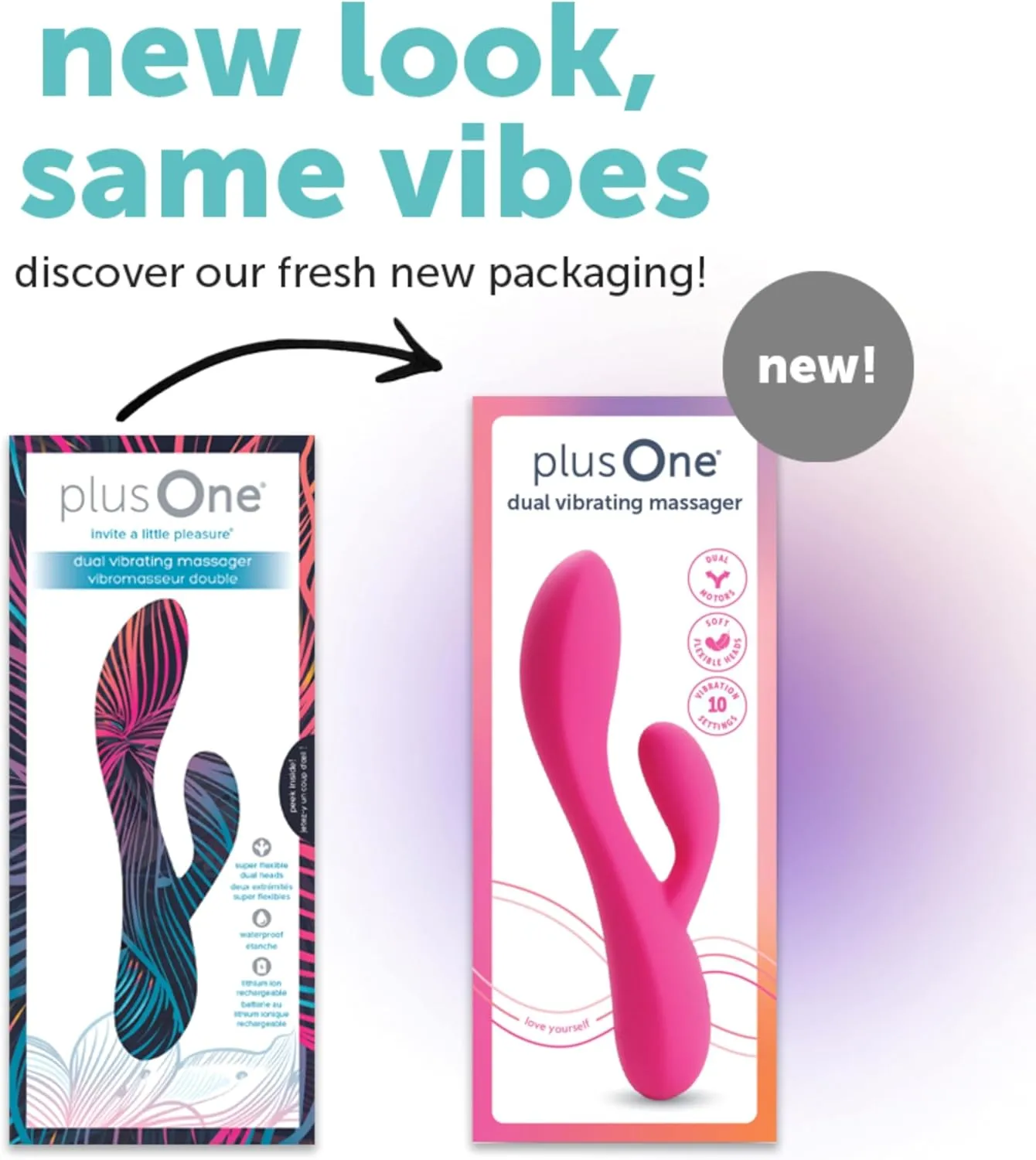 plusOne Dual Rabbit Vibrator Personal Massager, 10 Vibration Settings, Body-Safe Silicone, Waterproof, USB Rechargeable, for Women and Men