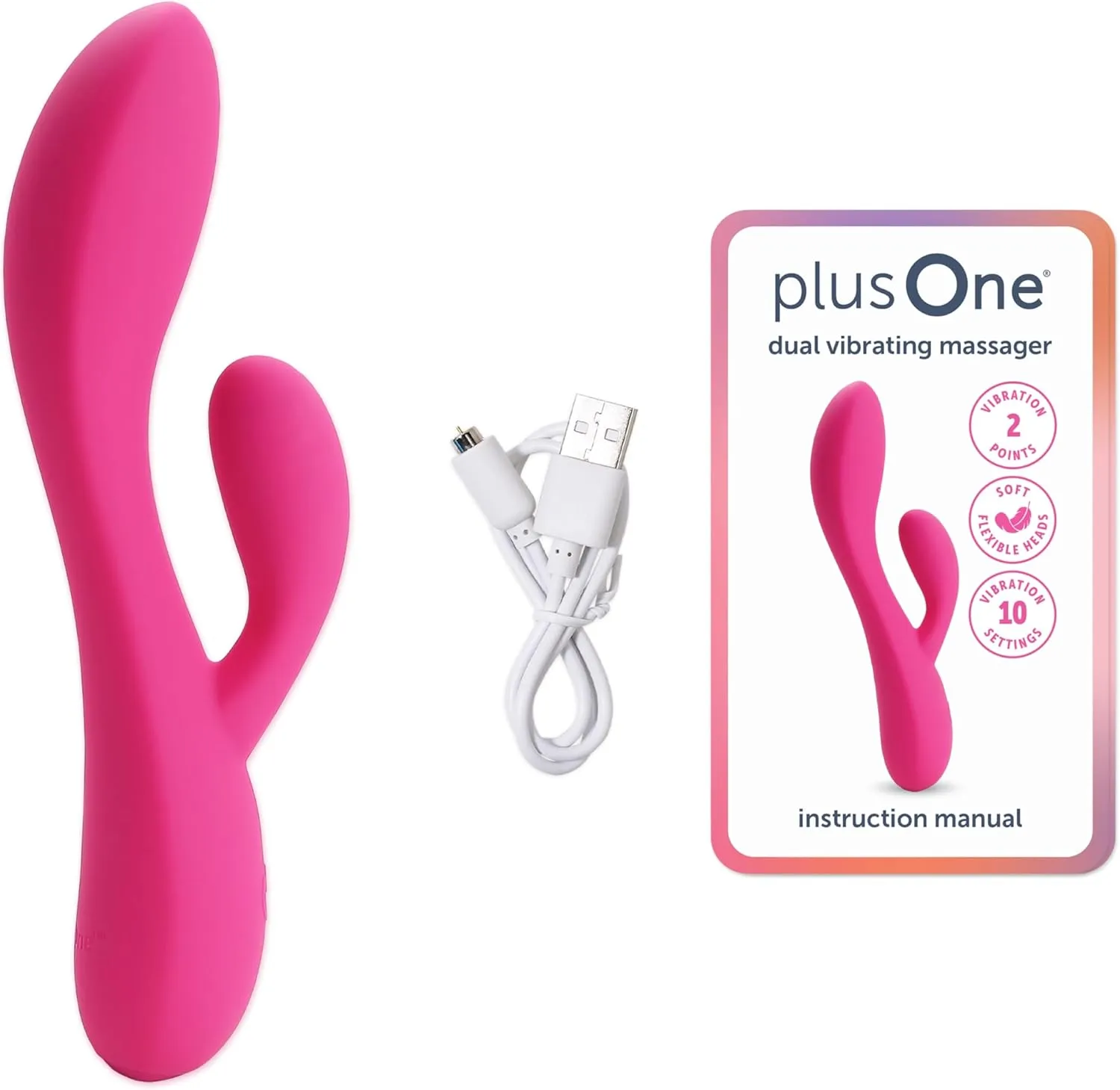 plusOne Dual Rabbit Vibrator Personal Massager, 10 Vibration Settings, Body-Safe Silicone, Waterproof, USB Rechargeable, for Women and Men