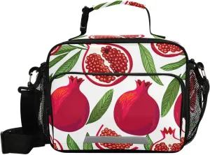 Pomegranate Leaves Fruit White Lunch Bag for Kids Insulated Lunch Tote Bags with Detachable Shoulder Strap Lunch Box for Boys Girls School