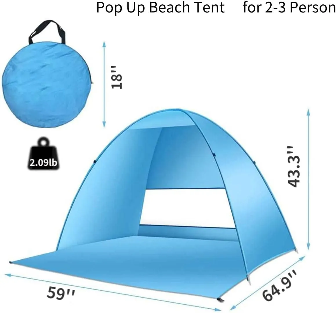 Pop Up Beach Tent –for 2-3 Person UPF 50  UV Sun Protection Beach Shade Beach Tent Pop Up Sun Shelter with Carry Bag and Tent Stakes for Beach, Park, Camping (Large)