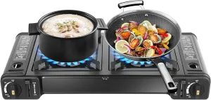 Portable 2-Burner Camping Stove with Grill Tray, Piezoelectric Ignition, Butane Gas Powered, 3924 BTU, Includes Storage Case & Pot Racks for Outdoor Cooking